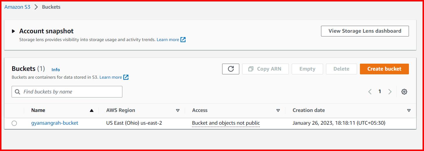 Picture showing the S3 bucket created in AWS console